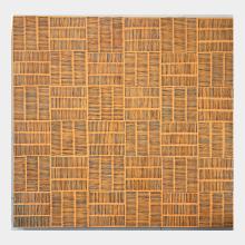 Abstract painting in warm apricot colour with a grid of umber markers and small and turquoise
