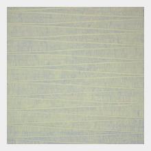 oil on canvas 100 cm x100  yellow background overlaid in fine blue lines forming diagonals