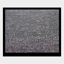 oil painting with lines of text symbols and objects