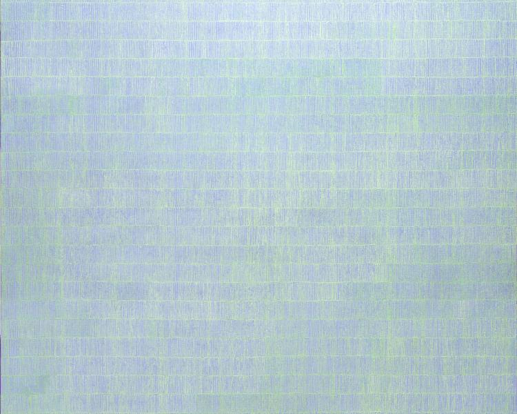 0il painting on canvas blue and pale turquoise small lines in rows