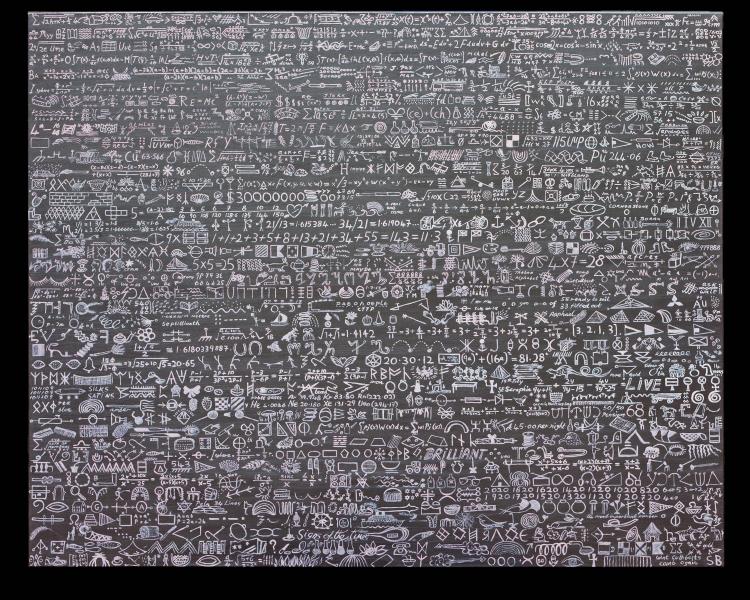 oil painting with lines of text symbols and objects