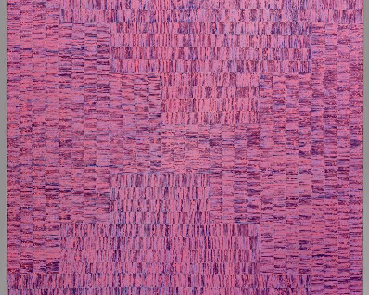abstract  contemporary painting oil on canvas series of repeated marks on a deep pink background in dark blue over grey