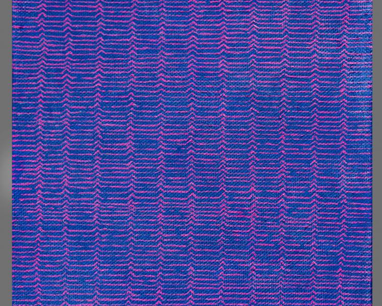 contempory oil on canvas blue with pink repeated marks 
