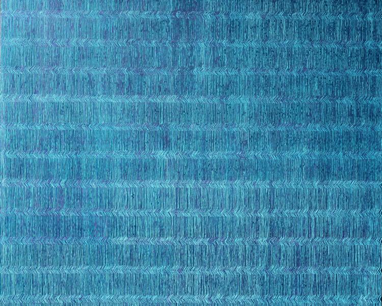 Large oil Painting in turquoise hints of pink on dark green background