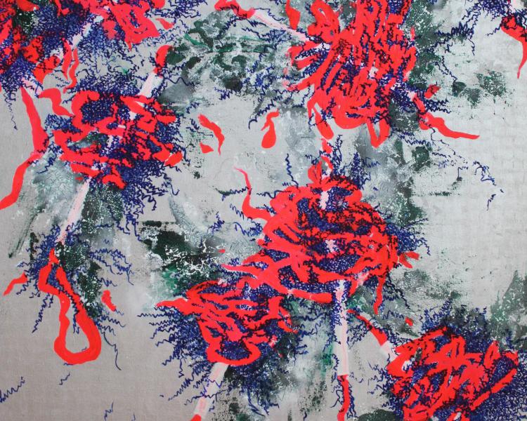 Contemporary abstract mixed media painting on canvas bright red and blue on the silver background
