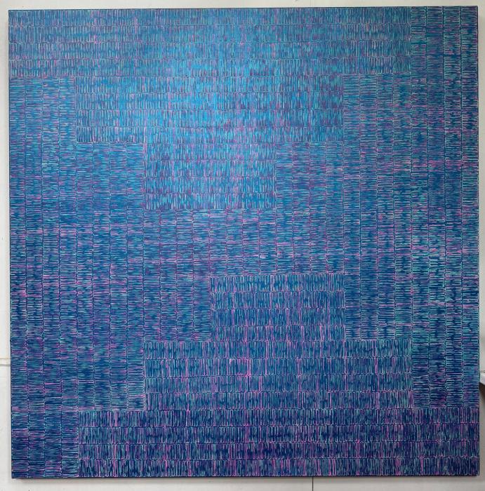 large oil painting in blues pink and green small lines over all the surface