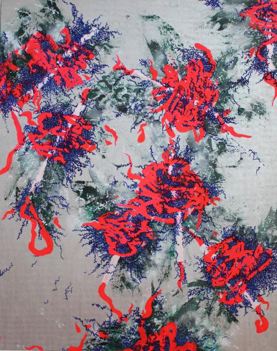 Contemporary abstract mixed media painting on canvas bright red and blue on the silver background
